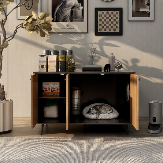 Hidden Cat Litter Box Enclosure Furniture – Large Wooden Cat Washroom Cabinet with Storage Shelf, Built-In Plug, 3 Doors & Side Table Design, Black Walnut