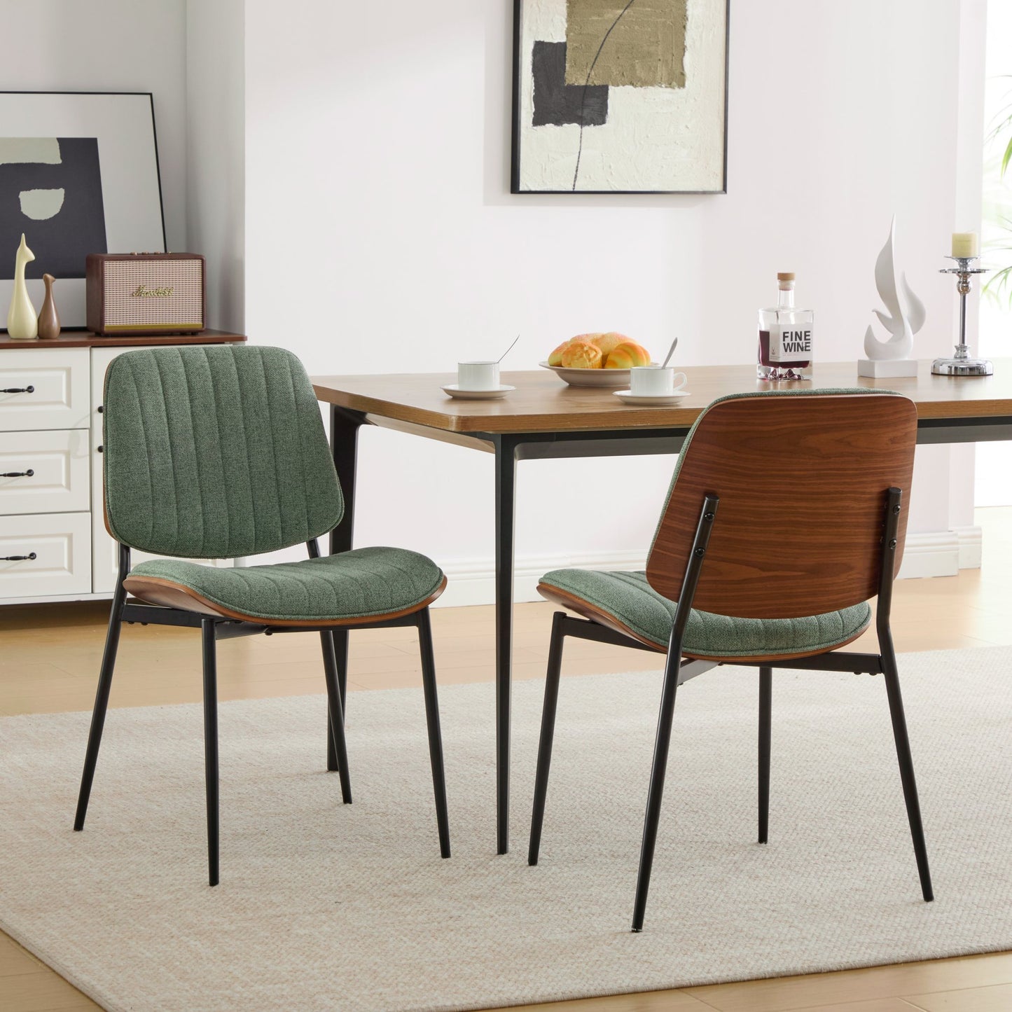 Dining Chairs Set of 2 Mid Century Modern Retro with Walnut Bentwood Back Upholstered Seat Metal
