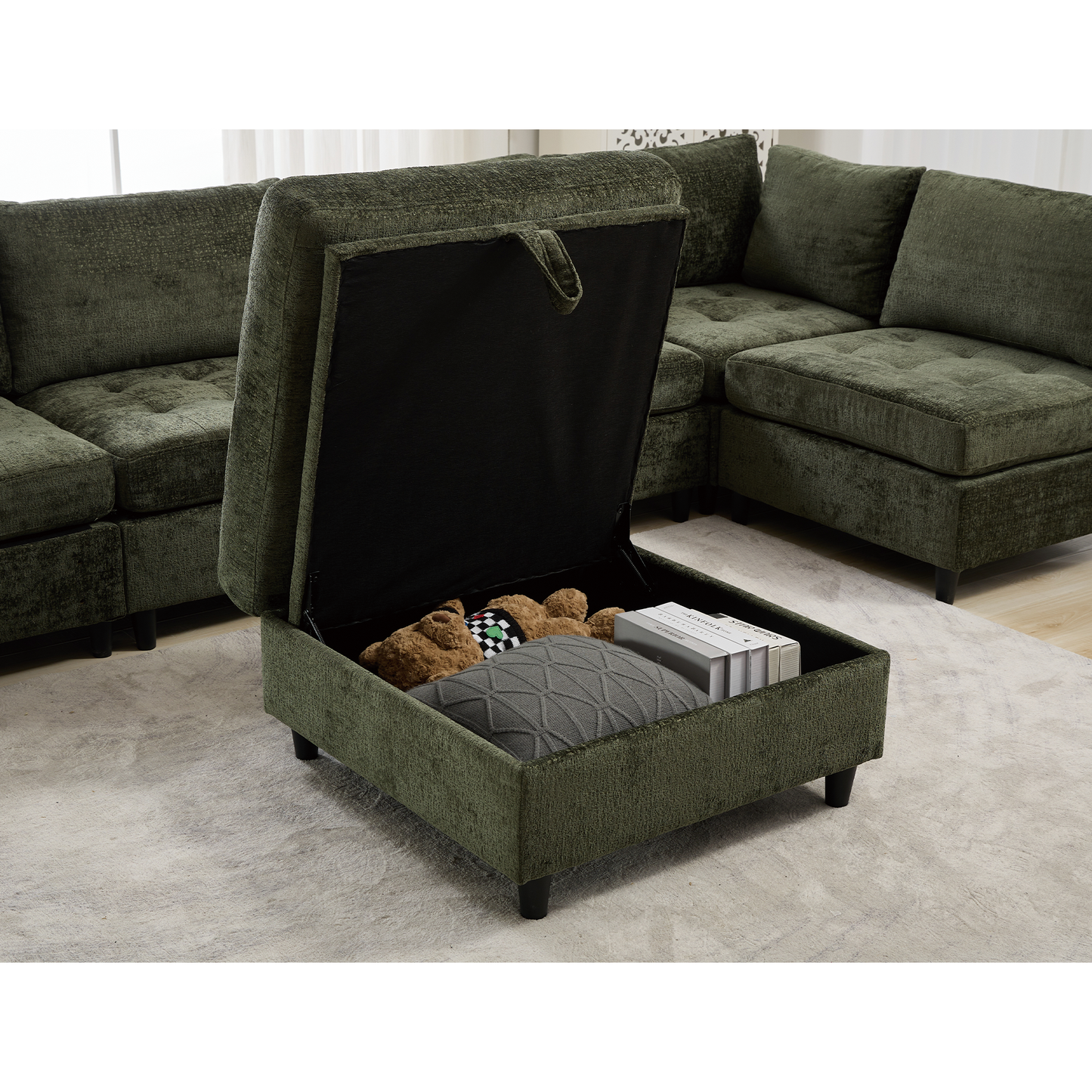 Modular Sectional Couch with Storage Ottoman, U Shaped Sofa, Storage Ottoman,Minimalist ,Convertible Modular Sofa,Chenille ,Upholstered,6 Seat,Living Room,   Green