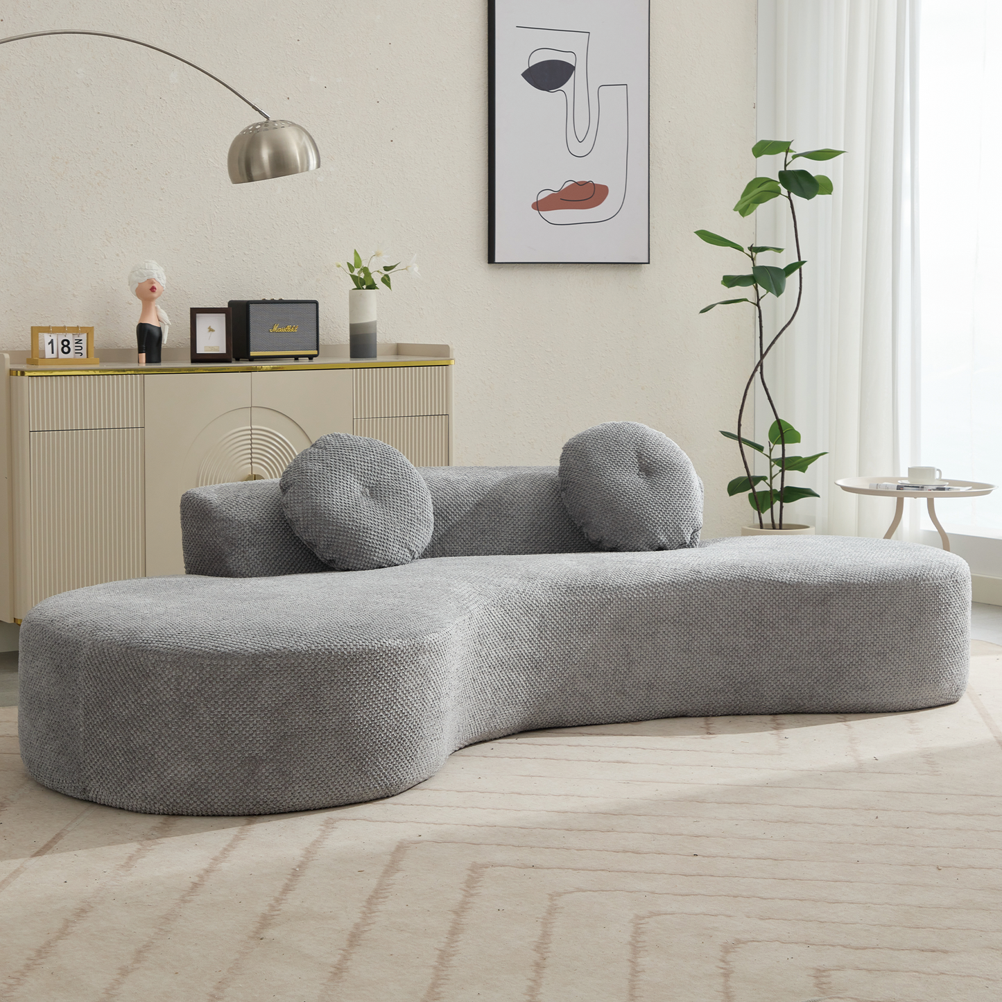 105.5''Curved Sofa, Modern Minimalist Sofa, Cloud Couch Sofa 3-4 Seater Couch with 2 Pillows,Bedroom,  No Assembly Required, Point-shaped corduroy,(Anti-Wrinkle) , Gray