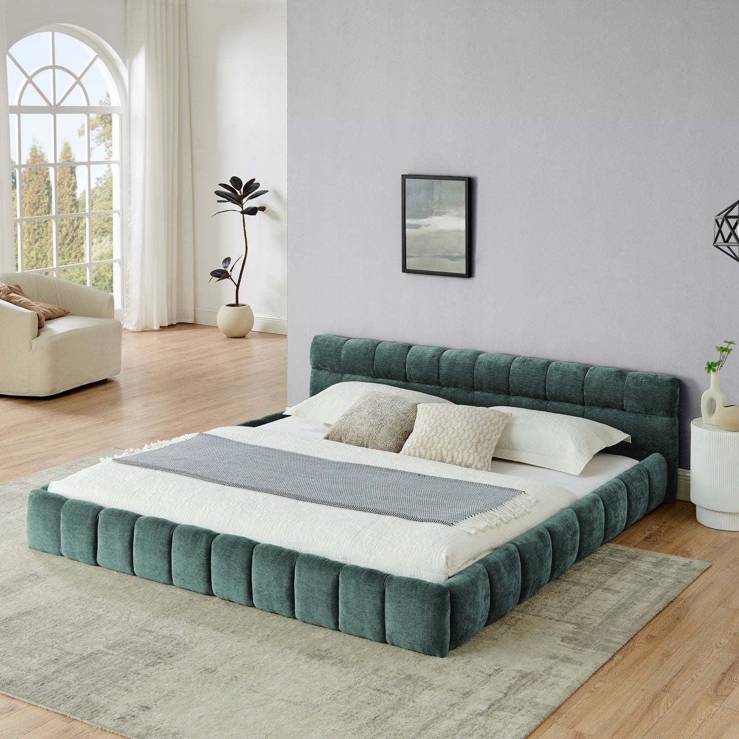 Upholstered Bed Frame with Thick Chenille Fabric, Grounded Platform Bed with Headboard and