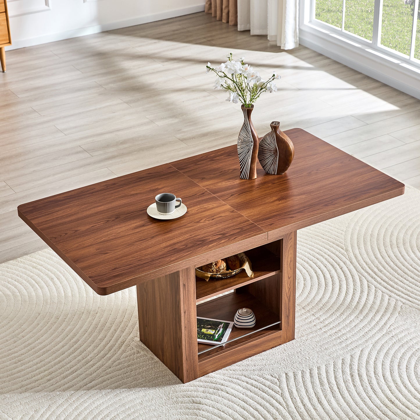 Expandable Dining Table with Storage – 59"–71" Rectangular Kitchen Table, Walnut Finish Multifunction Dining Table
