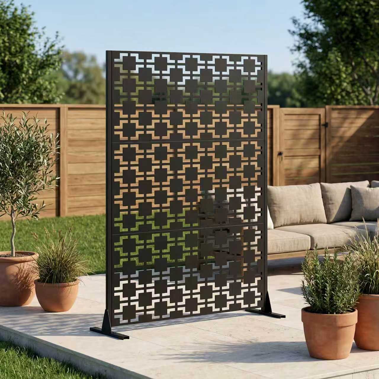 Metal Privacy Screen for Outdoor Freestanding, Decorative Metal Fence Panels with Stable Base, Portable Divider