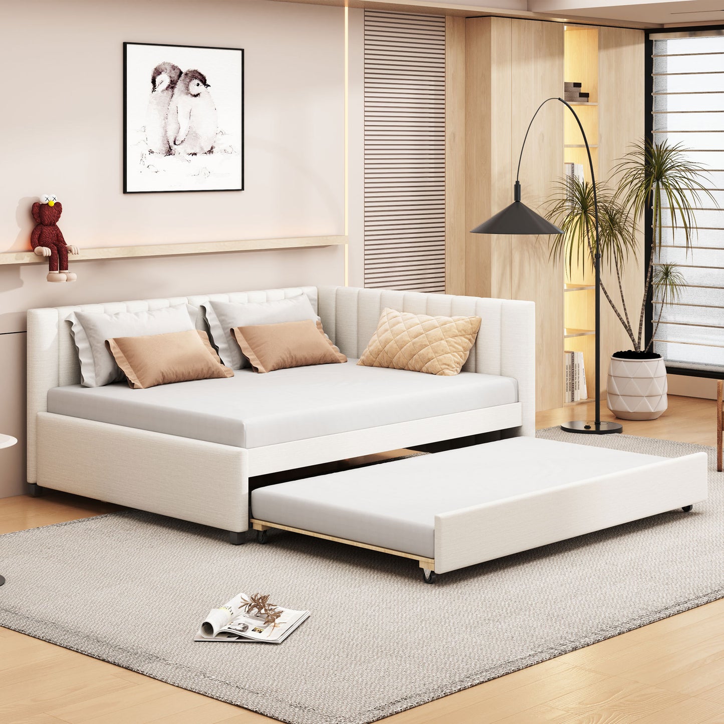 Upholstered Daybed with Trundle Sofa Bed Frame No Box Spring Needed, Linen Fabric