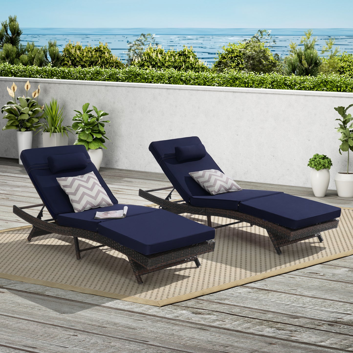 Outdoor Wicker Reclining Lounge Chair Set – Set of 2 Adjustable Patio Chaise Loungers, Rattan Poolside Chairs