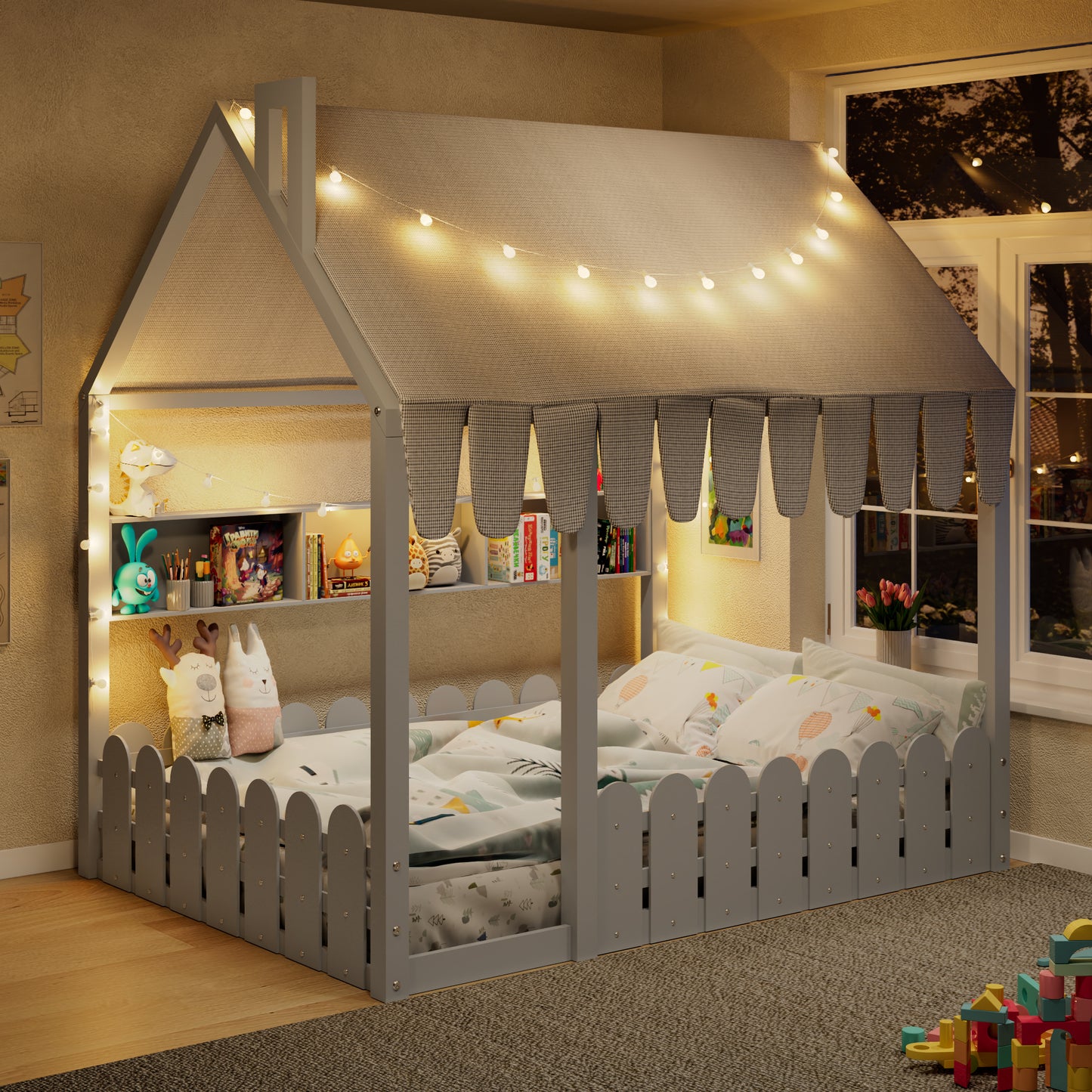 {Slats are not included} Full Size Montessori House Bed for Kids, Floor Bed with Fence Railings, Tent, Lights & 3 Storag