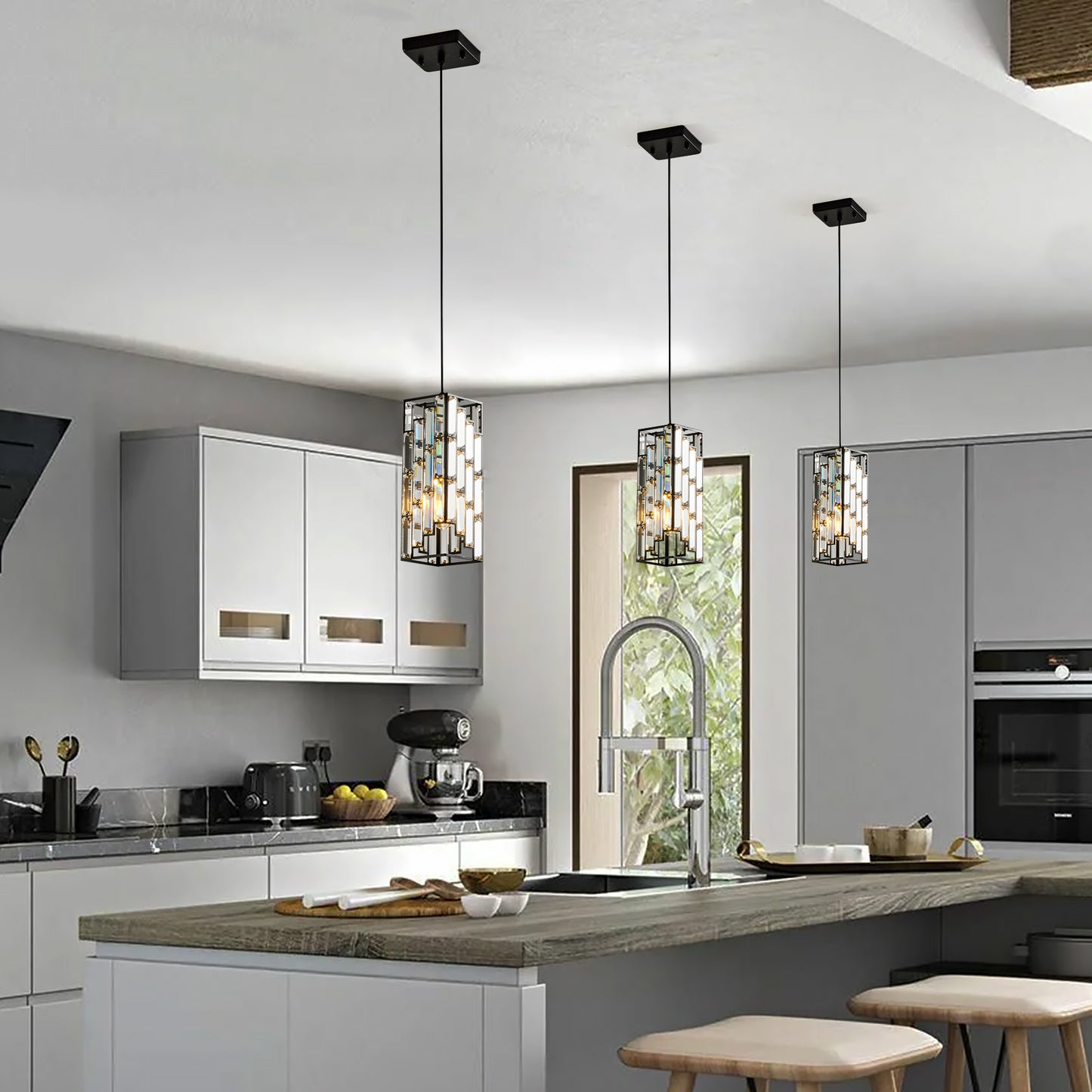 Modern Crystal Pendant Light - 3 Pack, Adjustable Hanging Ceiling Lamp with Crystal Prism Design for Dining Room, Kitchen Island, and Living Room -Black Finish