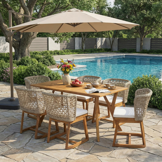 7-Piece Acacia Wood Outdoor Dining Set – 59" Teak Finish Patio Table with 6 Wicker Back Chairs & Beige Cushions for Garden, Backyard & Patio