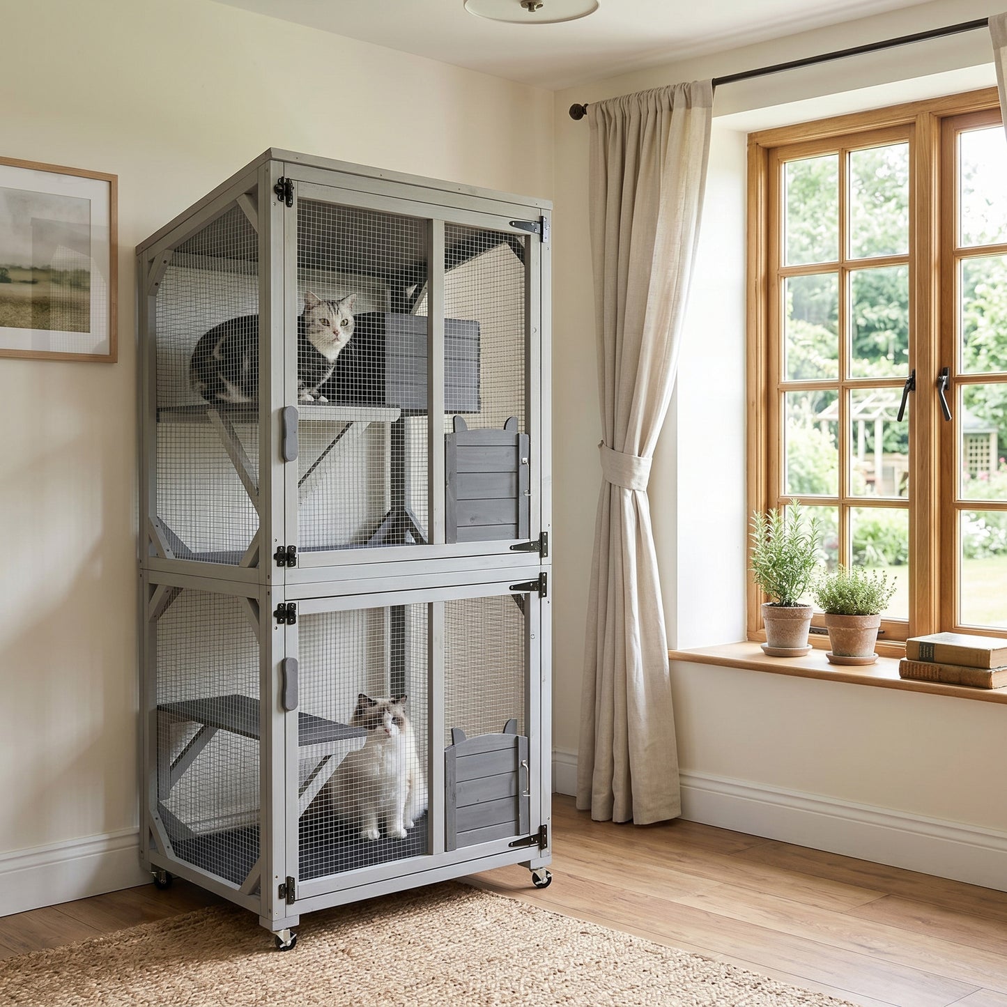 Large Outdoor Wooden Catio with Wheels – Multi-Level Cat Enclosure House with Platforms and Lockable Door