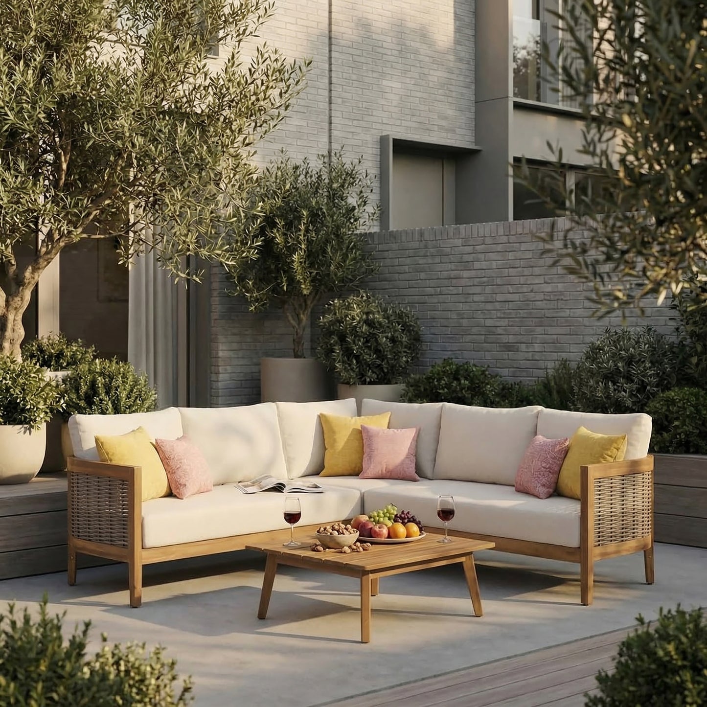 4-Piece Outdoor Acacia Wood Sofa Conversation Set with Beige Cushions, Teak Finish Patio Furniture with Coffee Table