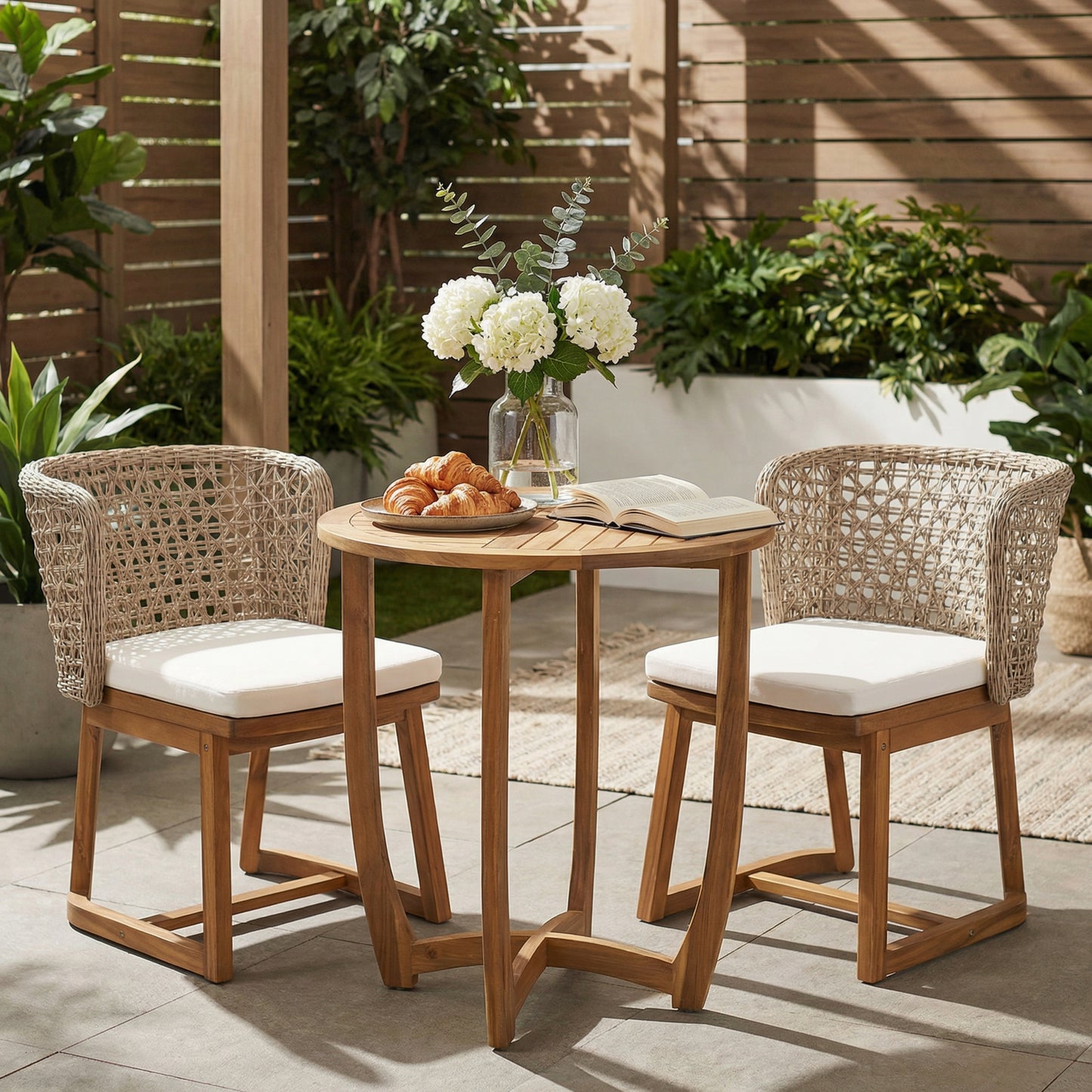 3-Piece Outdoor Bistro Dining Set with Acacia Wood Round Table, Wicker Back Chairs & Beige Cushions