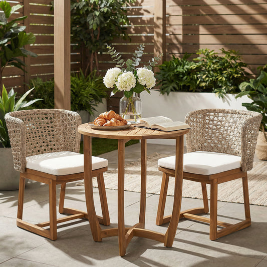 3-Piece Outdoor Bistro Dining Set with Acacia Wood Round Table, Wicker Back Chairs & Beige Cushions