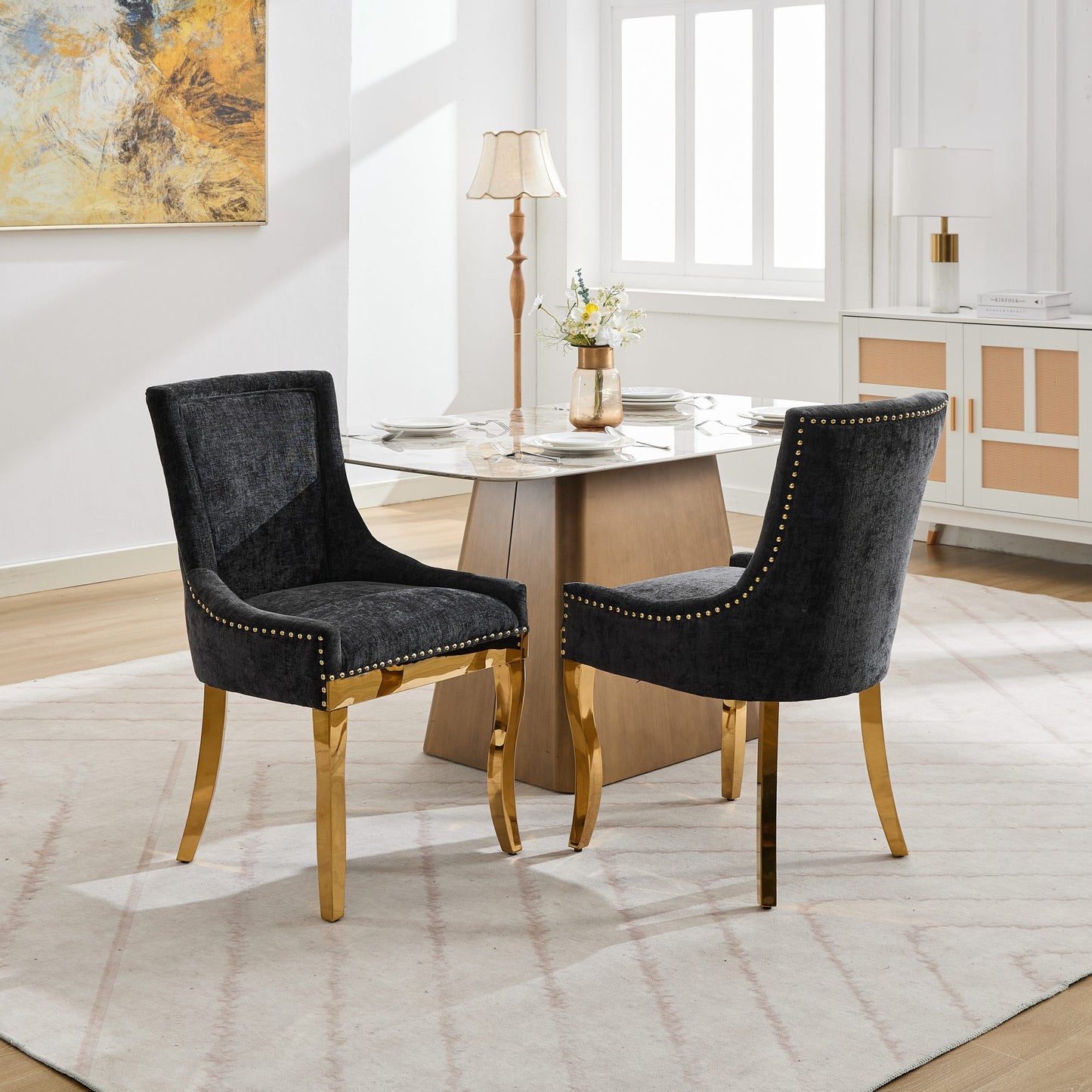 Chenille Dining Chairs, Modern Style with Curved Gold - Plated Legs & Rivet Trim