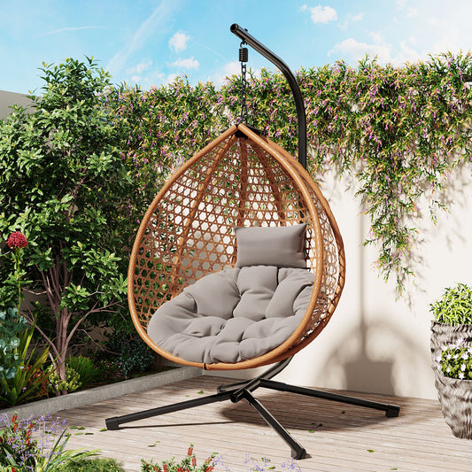 Hanging Egg Chair with HDPE Rattan, Iron Stand, Removable Cushion, and Foldable Frame for Patio