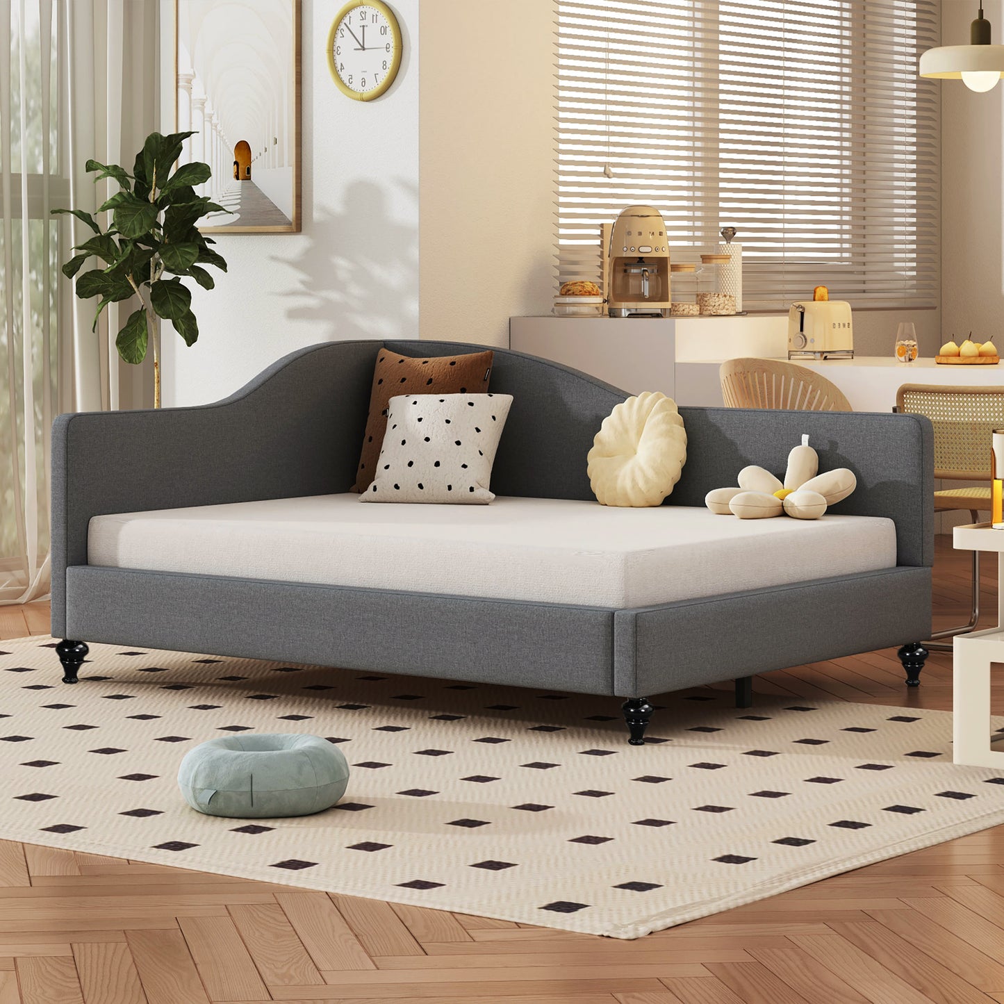 Modern L-Shaped Linen Daybed with Solid Wood Legs and MDF Construction