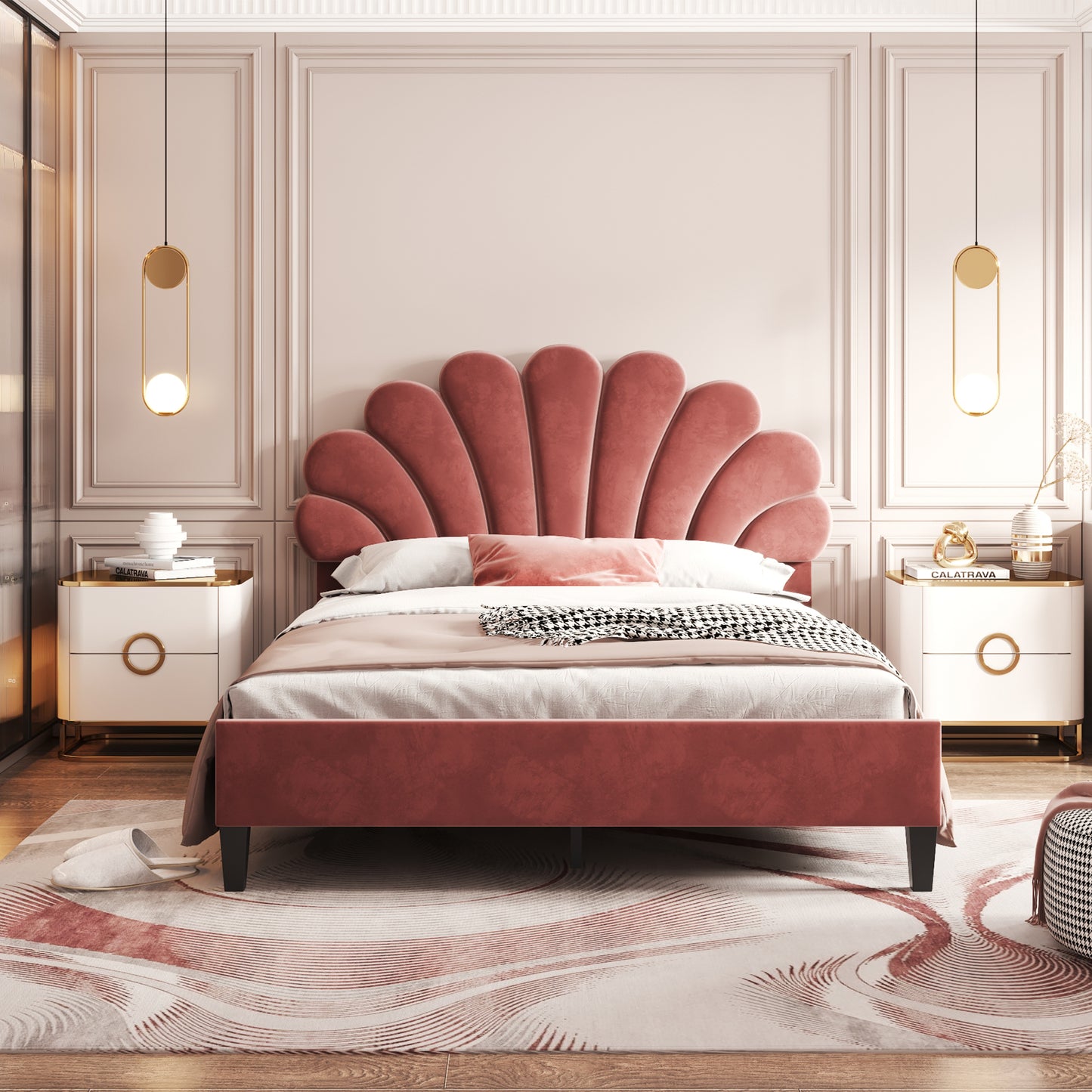 Upholstered Platform Bed with Flower Pattern Velvet Headboard