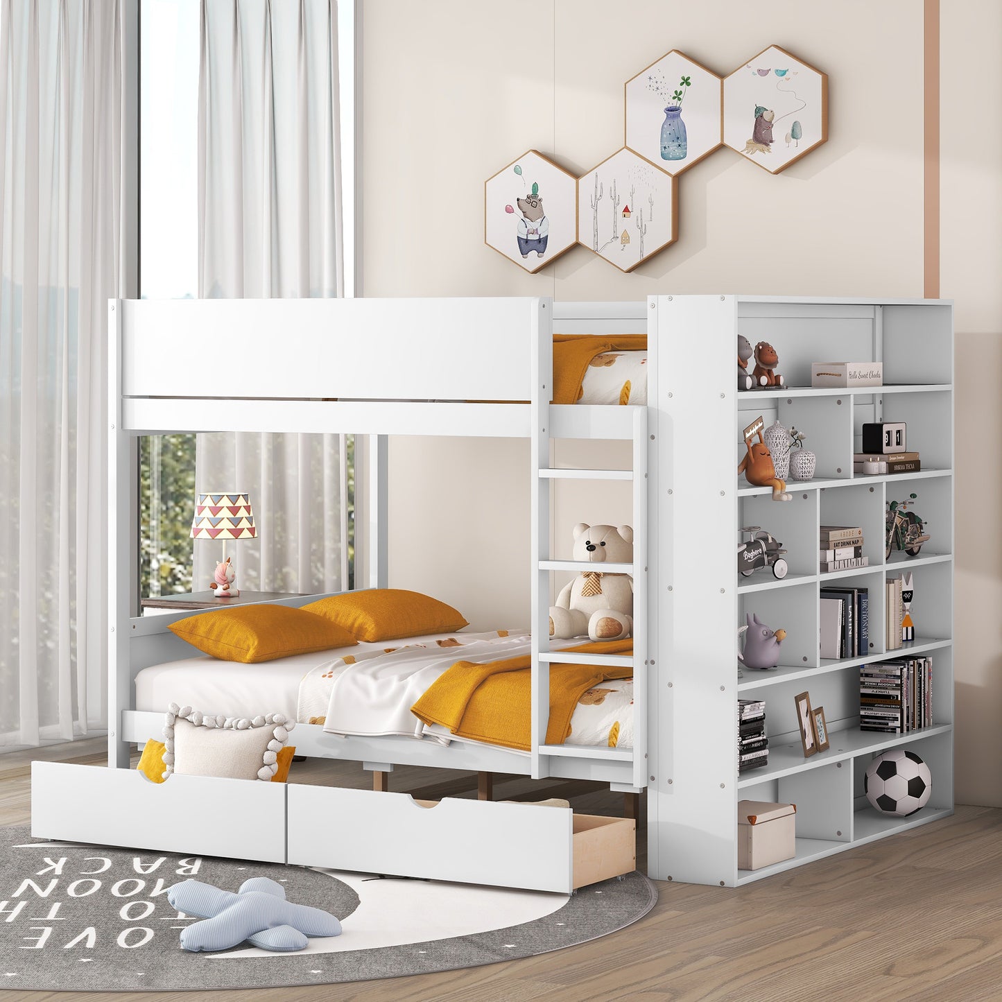 Bunk Bed With 2 Drawers and Multi-layer Cabinet