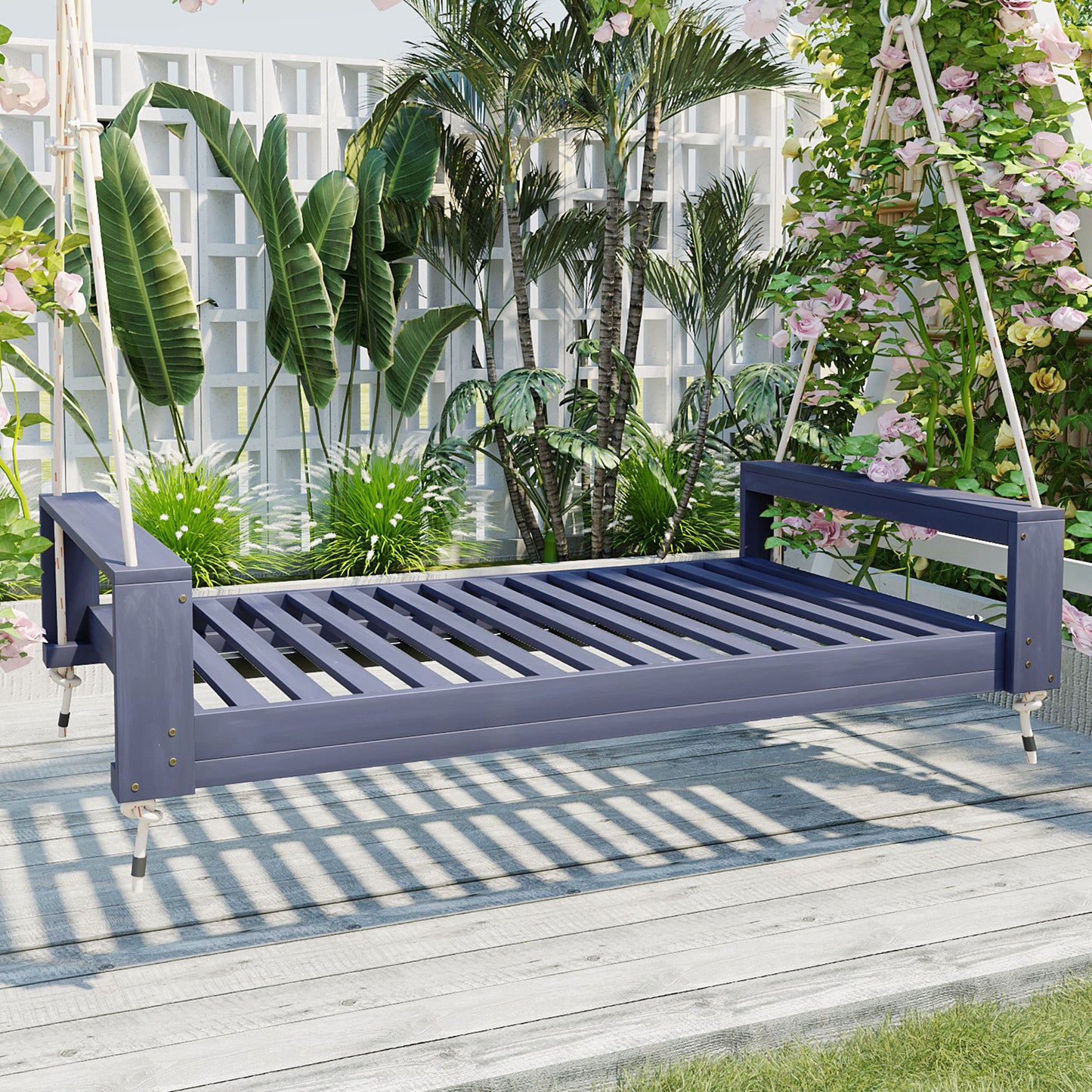 Twin Size Porch Swing Bed Seating Group, Patio Acacia Wood Swing Frame with Hemp Ropes for