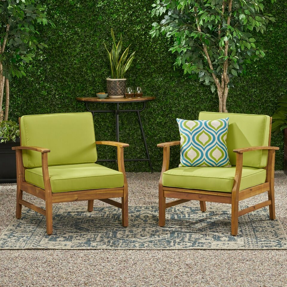 Perla Acacia Wood Outdoor Club Chair Set of 2 with Water-Resistant Cushions – Modern Patio Lounge Chairs with Slat Panel Design