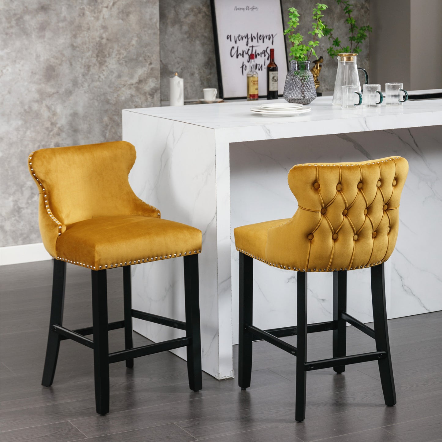 Contemporary Velvet Upholstered Wing-Back Barstools, Set of 2