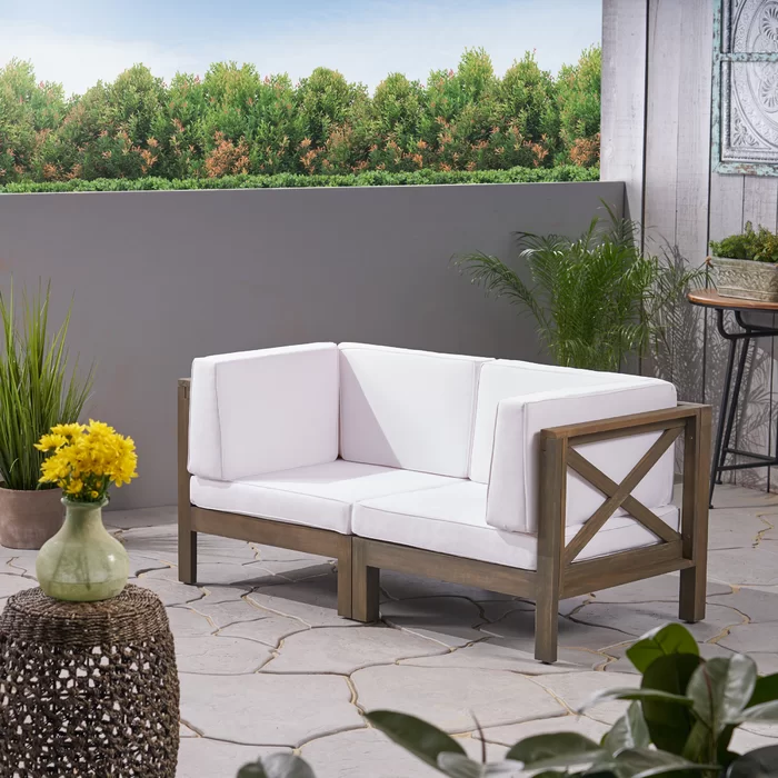 Brava X-Back Outdoor Loveseat with Water-Resistant Cushions – Acacia Wood Patio Sofa Seating Set