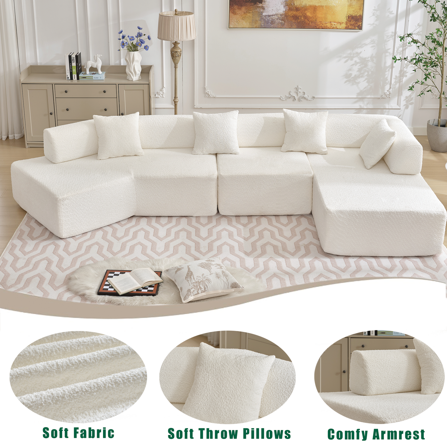 Modern Minimalist 140" L-Shape Couch ,No Assembly Required,Boucle,Modular Sofa ,Couch with Chaise,Free Combination Foam-Filled Sofa, 4 Seats,White
