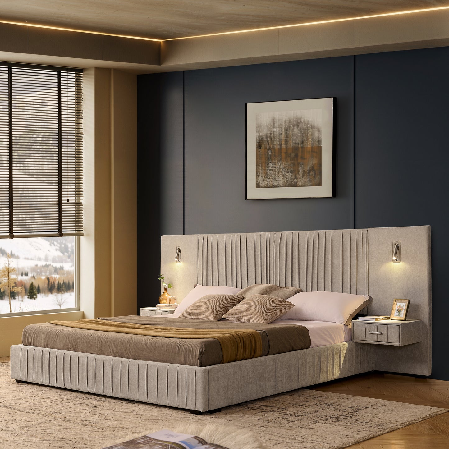 Upholstered Bed Frame with Chenille Fabric, Pleated Design, Grounded Platform Bed with Headboard and Solid Frame