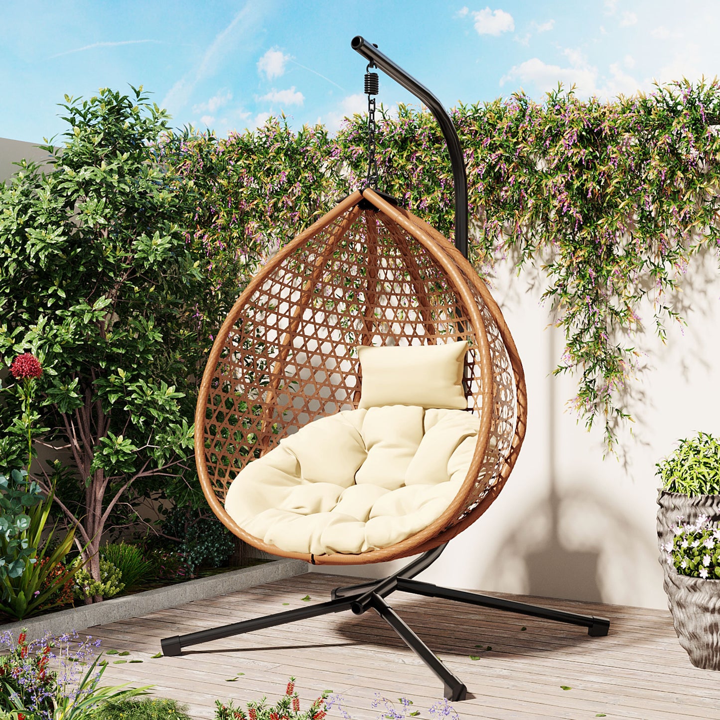 Sturdy Hammock Chair with Stand, Durable Hanging Egg Chair with Rattan Weaving ,Comfortable Indoor Outdoor Swing  chairs with Soft Removable Cushion,Suitable for Balcony, Bedroom,or Garden