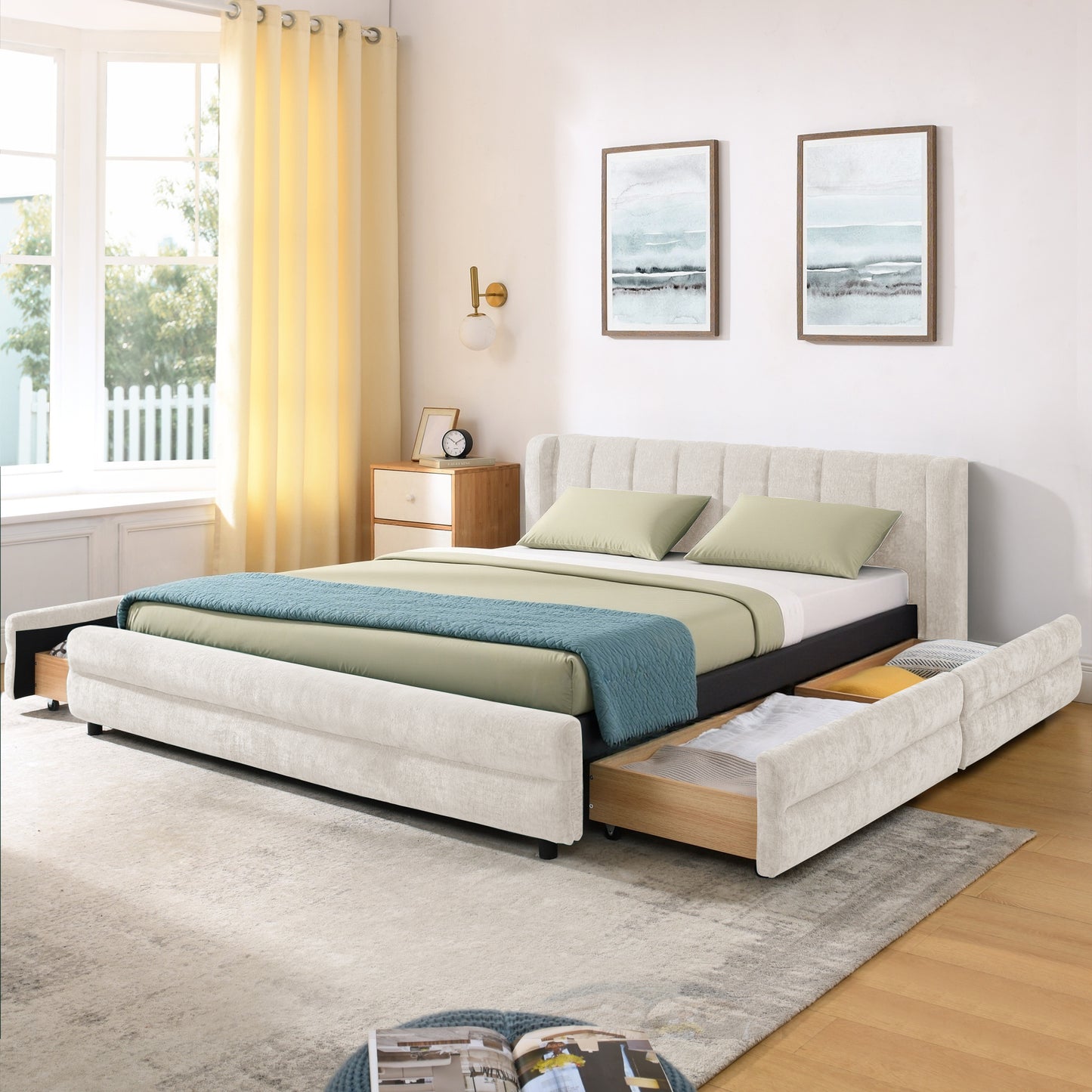 Queen Size Upholstered Bed Frame with Thick Fabric, Chenille Fabric, Headboard and Solid Bed Frame