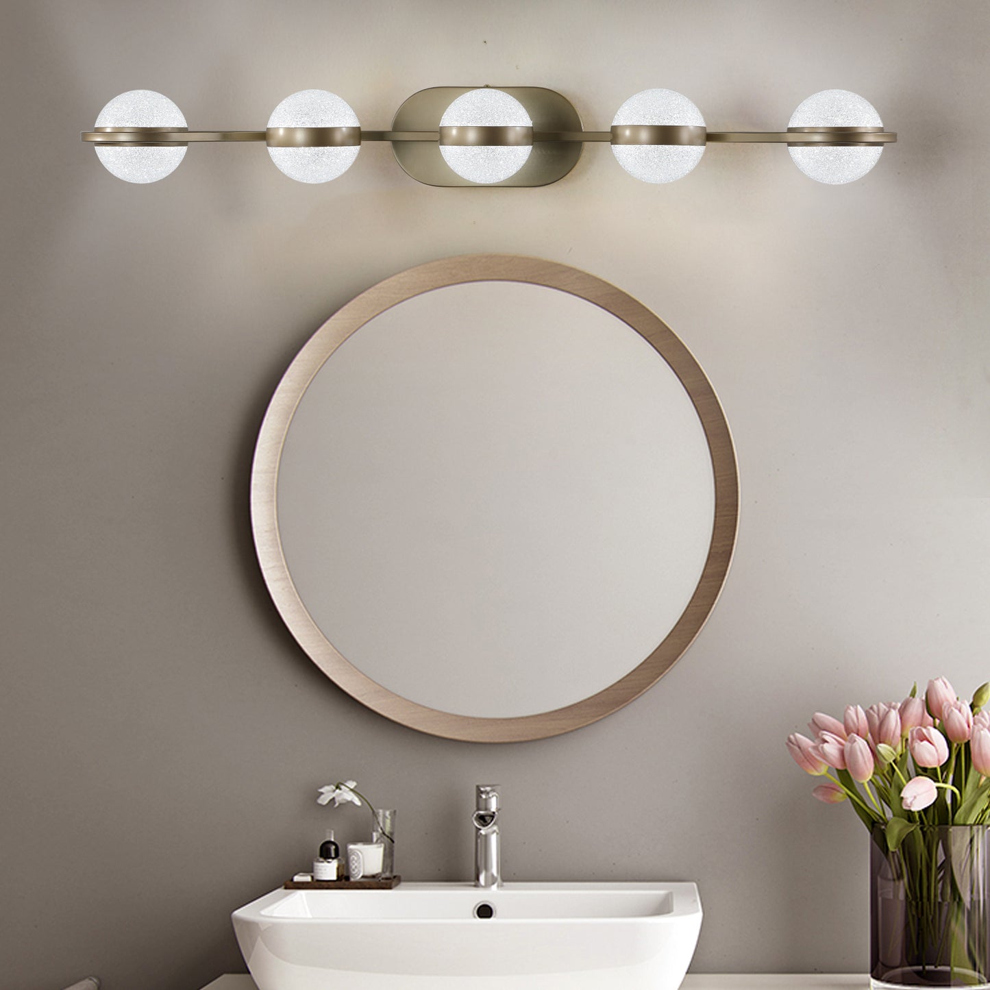 35' Modern Minimalist Bathroom Vanity Light, LED 5 Bulb Crystal Sand Acrylic Shades, Wall