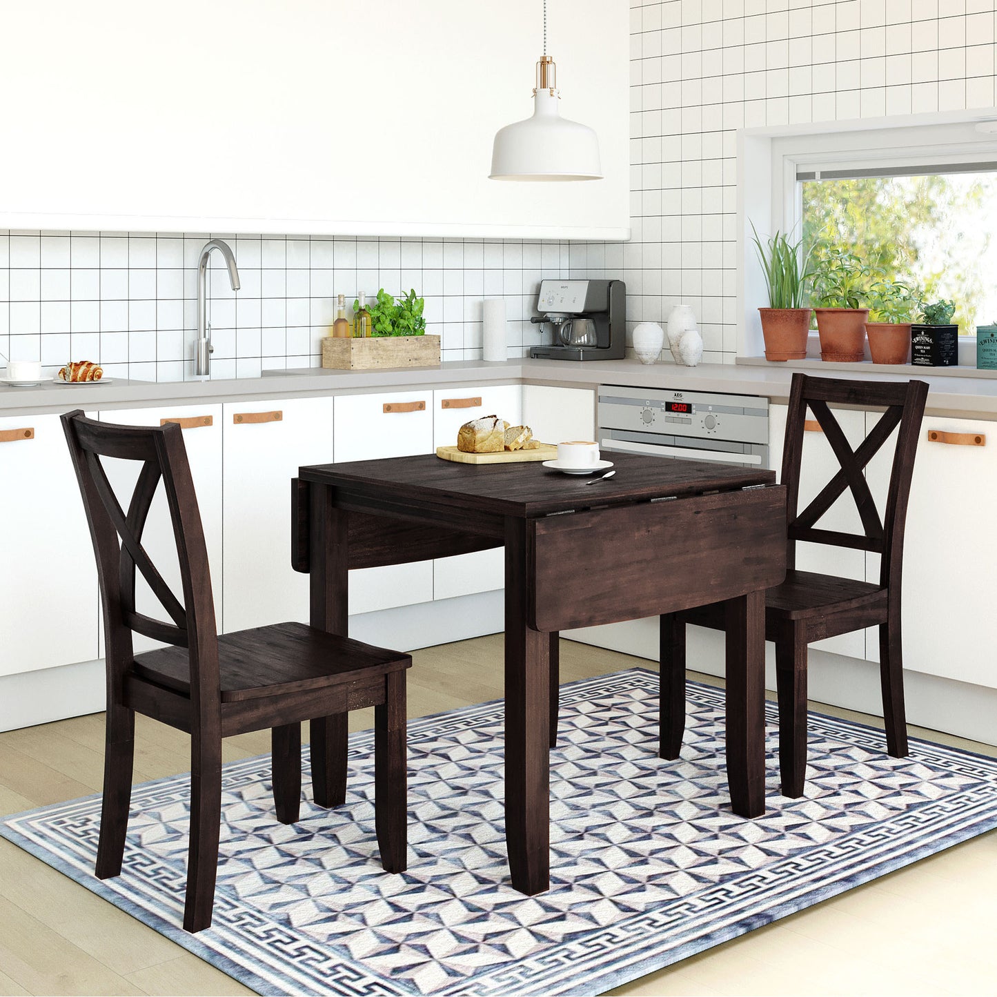 3-Piece Wood Drop Leaf Breakfast Nook Dining Table Set with 2 X-back Chairs for Small Spaces