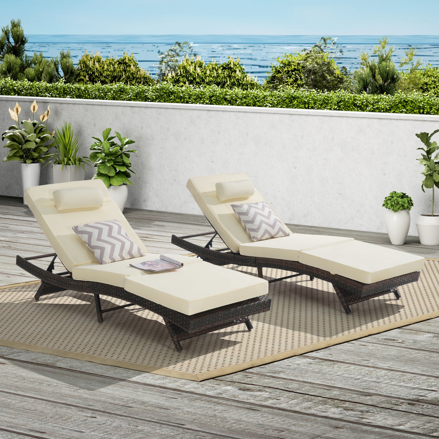 Outdoor Wicker Reclining Lounge Chair Set – Set of 2 Adjustable Patio Chaise Loungers, Rattan Poolside Chairs