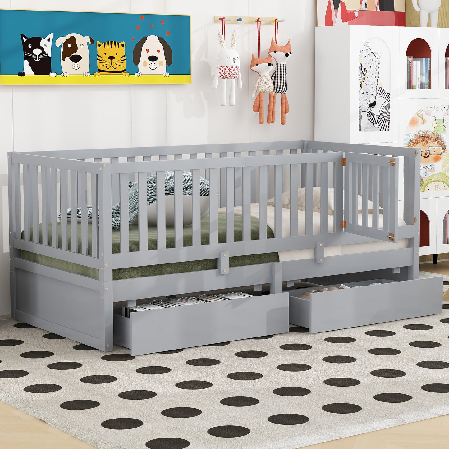Twin Size Wood Daybed with Fence Guardrails and 2 Drawers, Split into Independent Floor Bed