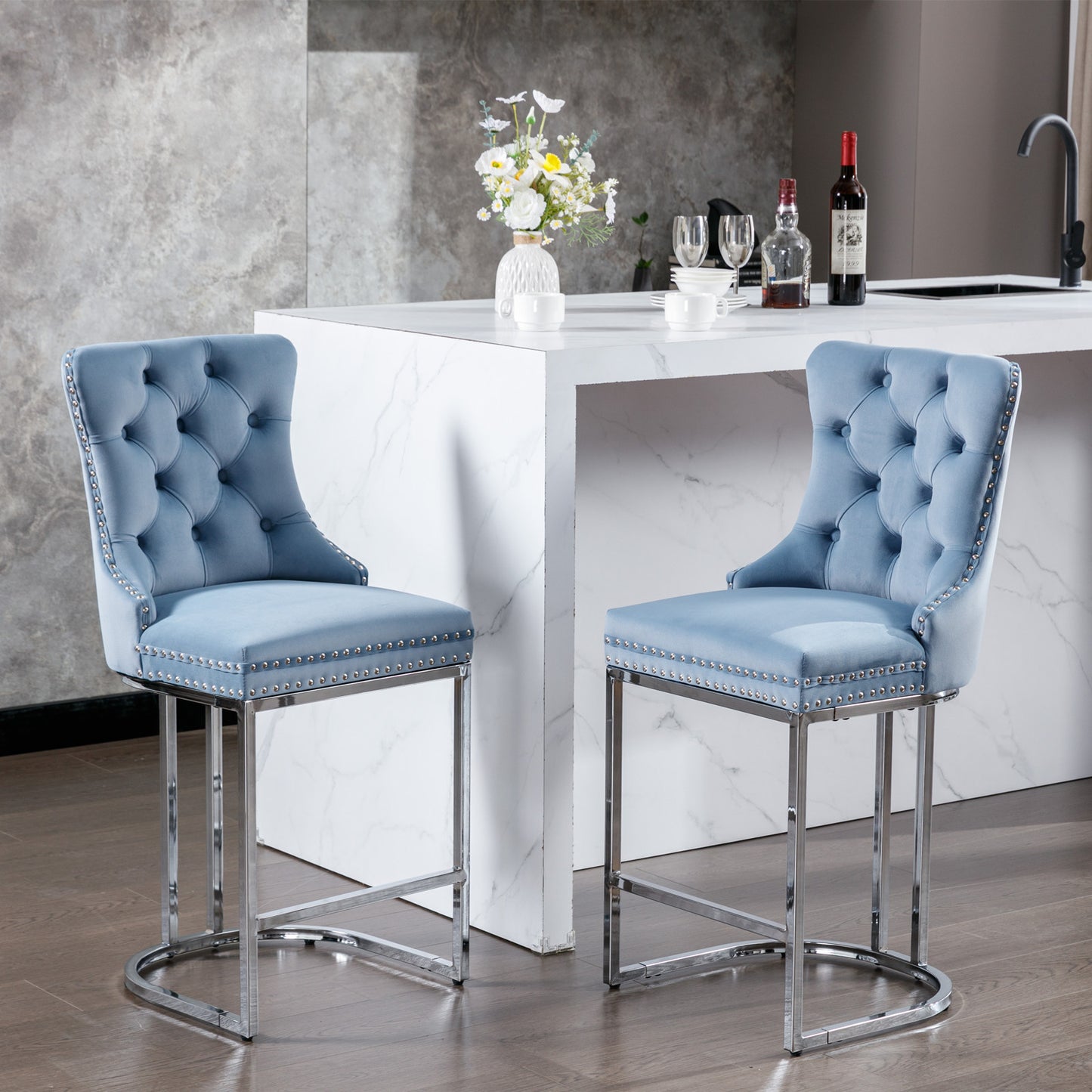 26' Counter Height Bar Stools Set of 2, Modern Velvet Barstools