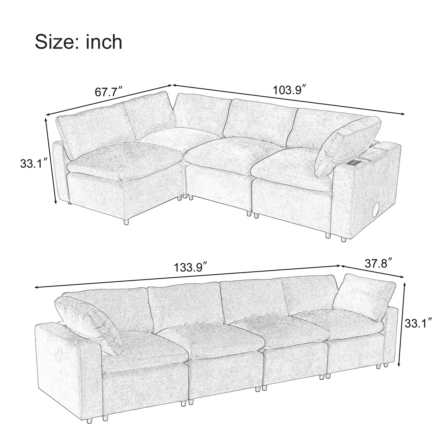 Upholstered Modular Sofa with  with Storage Space, USB Charge Ports,Wireless Charging and Built-in Bluetooth Speaker in Arm,Sectional sofa for Living Room Apartment.[old sku:WY000317AAE]