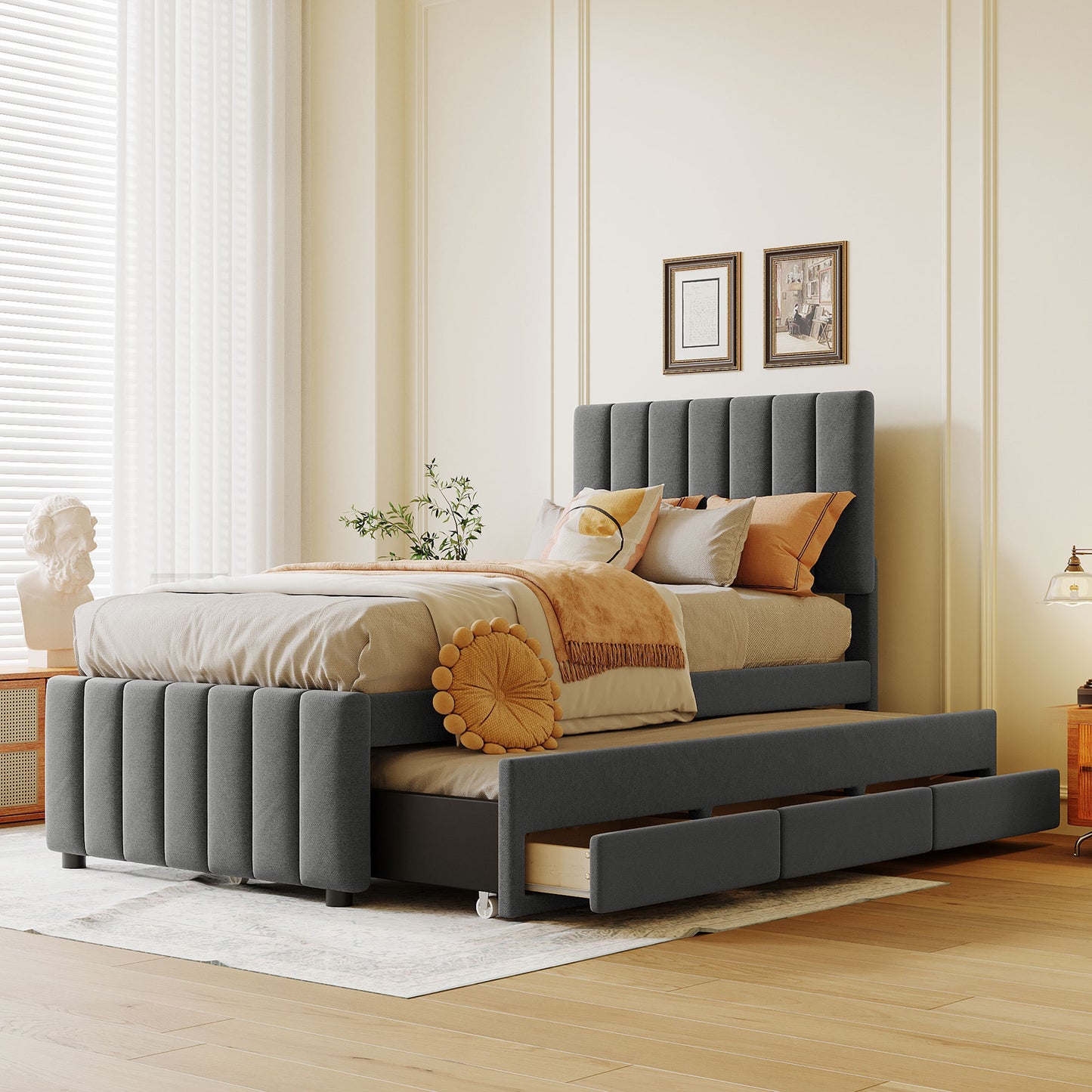 Upholstered Platform Bed with Trundle and 3 Drawers, Linen Fabric