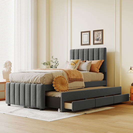 Platform Bed Twin Gray and Beige Linen Upholstered with Trundle and Drawers for Bedroom and Guest Room