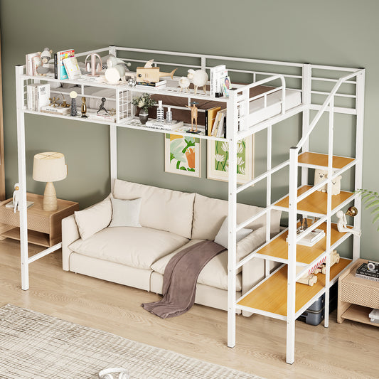 Loft Bed Multiple Color Options MDF+Metal Modern with Storage and Shelves for Bedroom or Guest Room