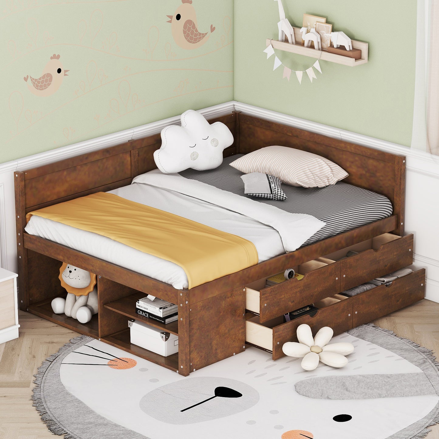 Full Size Daybed with Drawers and Shelves