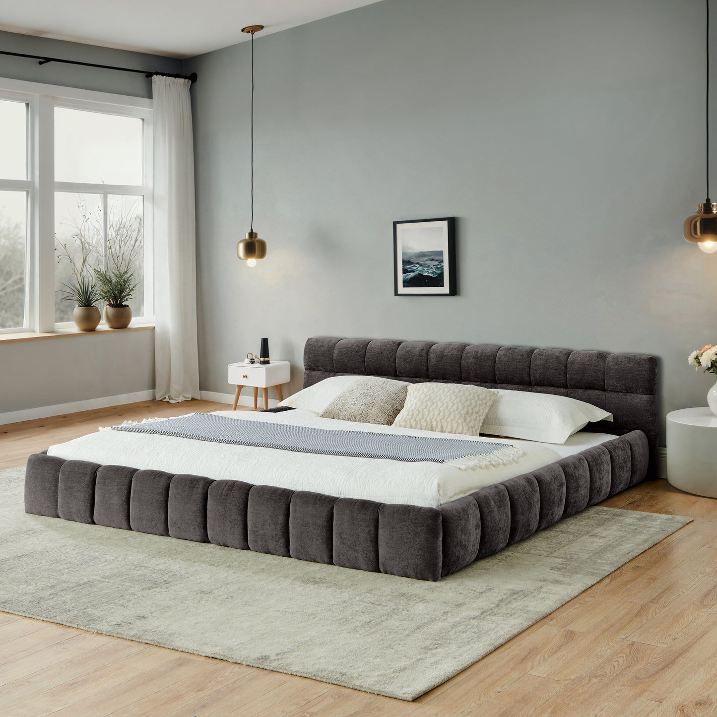Upholstered Bed Frame with Thick Chenille Fabric, Grounded Platform Bed with Headboard and