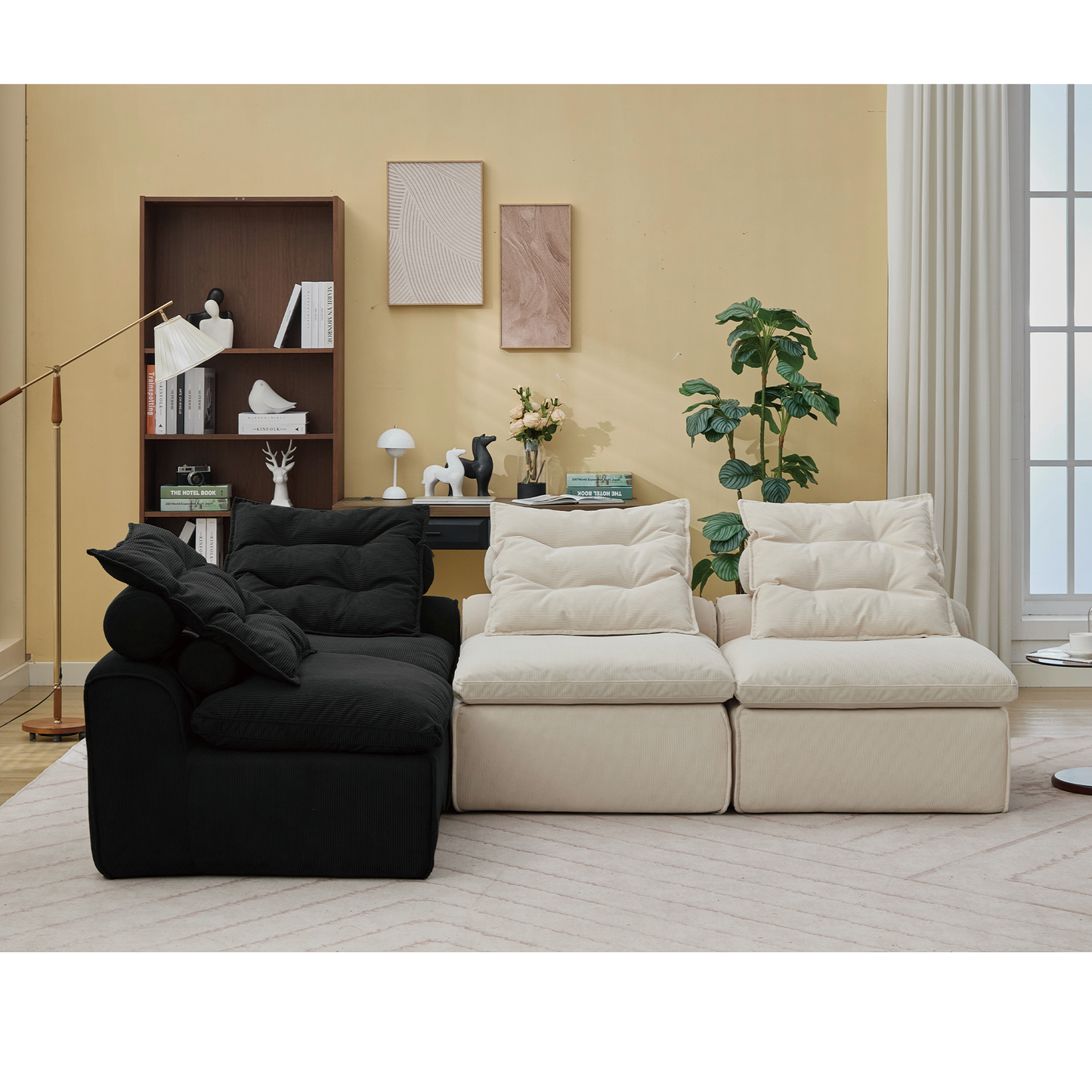 Modular Sofa,No Armrests,At will DIY,Corduroy ,Neck Pillow-Back Lounge Sofa Chair,Reading Nook, or Apartment Living, Lumbar Pillow,4 Seats,Upholstered,Beige,Black
