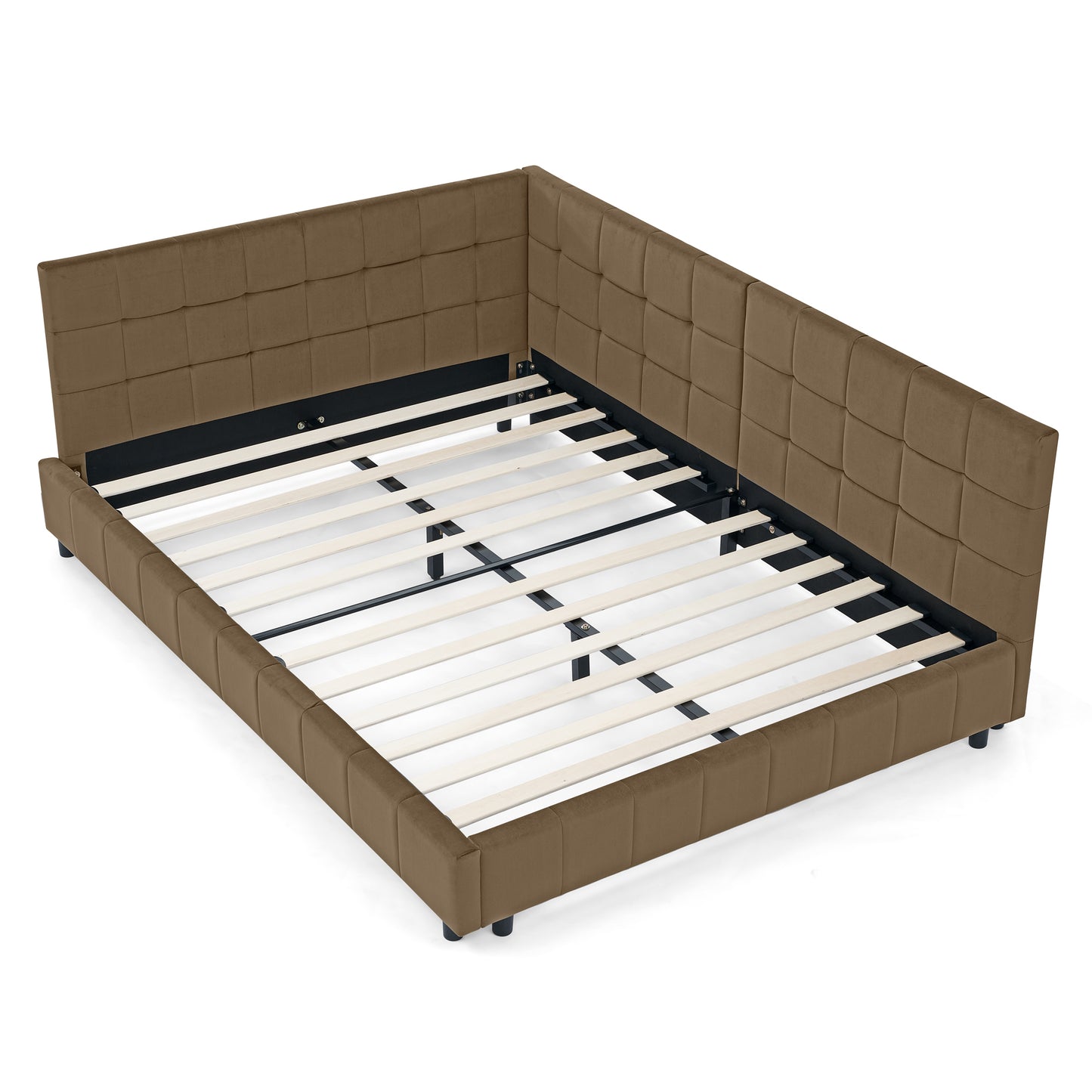 Mid-Century Full Size Velvet Upholstered Tufted Bed Frame with Backrest and Armrests