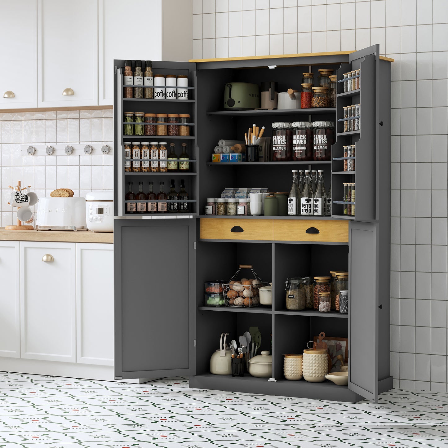 40.2x20x71.3inch High Freestanding Kitchen Pantry Large Cupboard Storage Cabinet with 2 Drawers, 2 Adjustable Shelves, 8