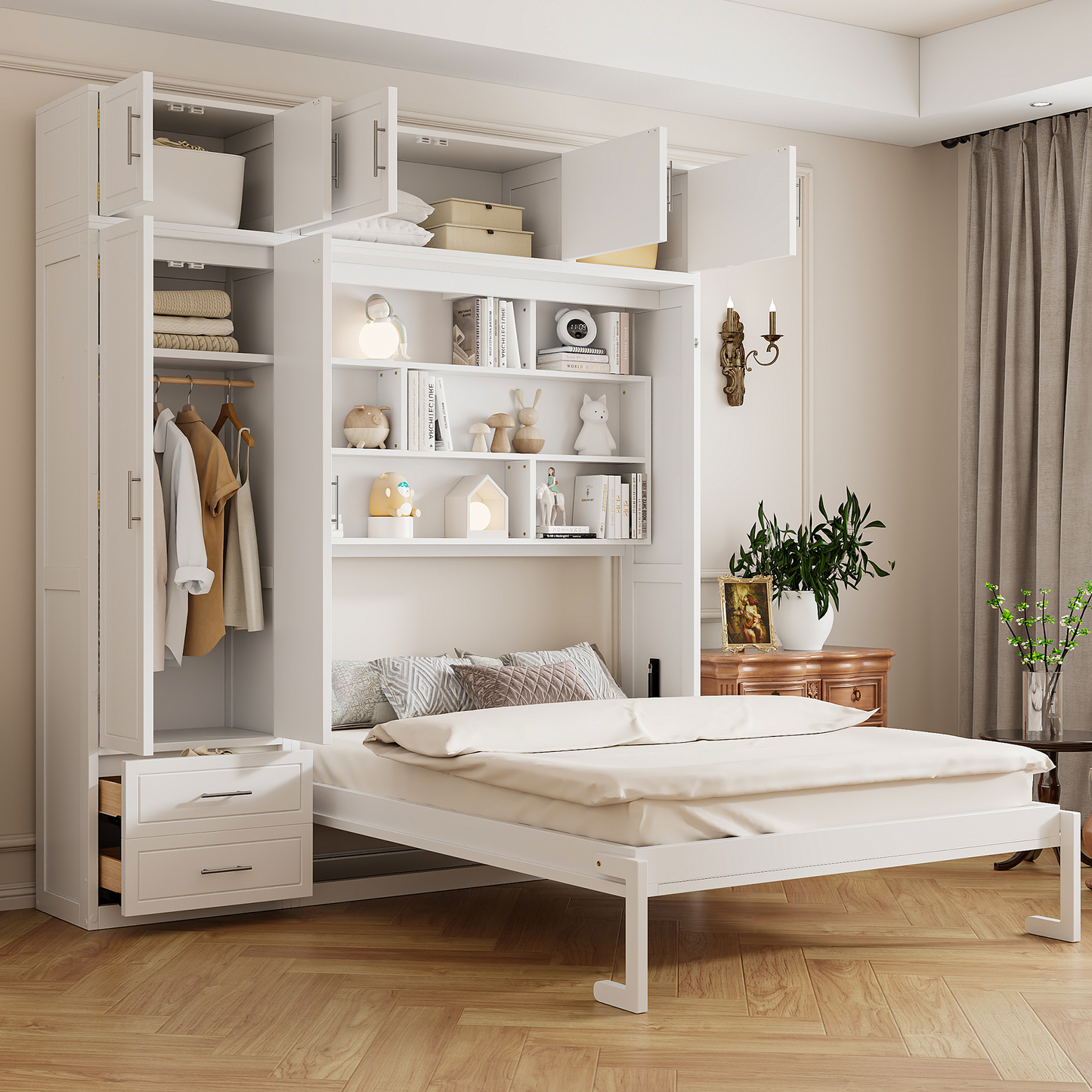 Queen Size Wall Murphy Bed with Top Cabinet, Shelves and Wardrobe, Space Saving Foldable Bed