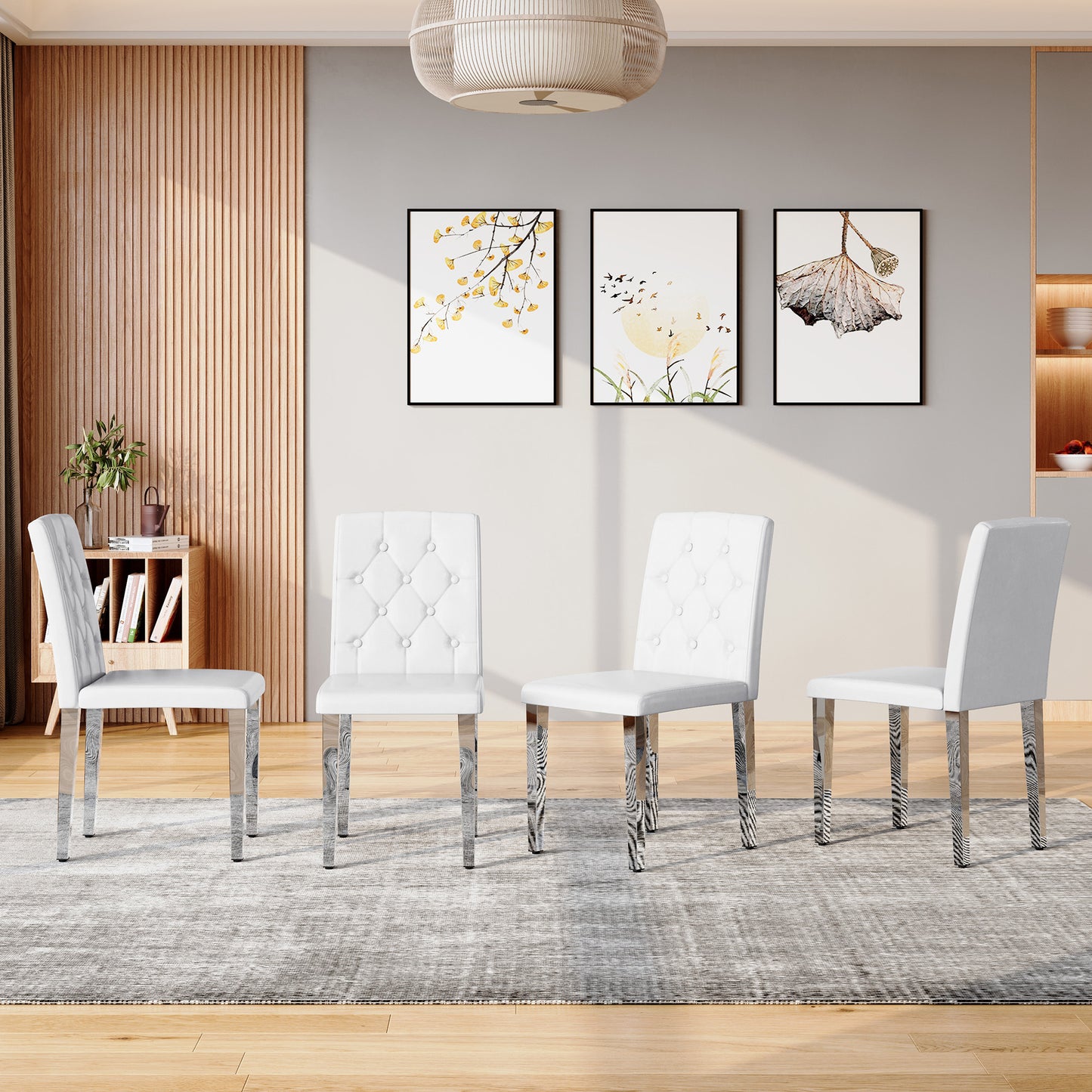 PU Leather Dining Chair – Ergonomic Buckle Backrest Chair with Metal Legs, 35" Upholstered Dining Seating