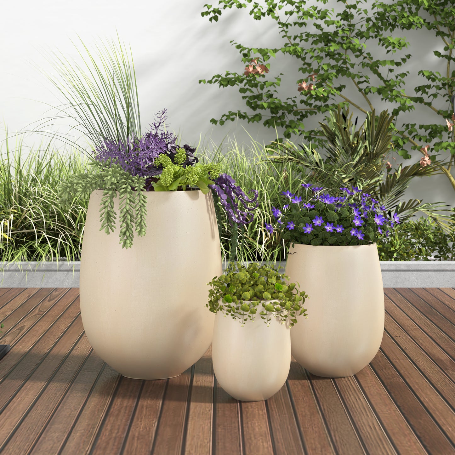 Round Outdoor Planter Set – 3 Piece Lightweight MGO Flower Pots with Drainage, Indoor Outdoor Plant Pots