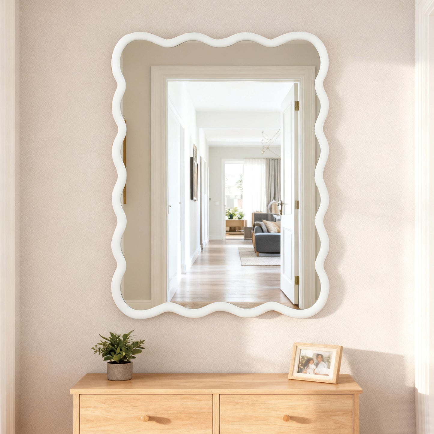 Wavy Solid Wood Wall Mirror – 30" x 40" Decorative Curved Frame Mirror for Bathroom, Bedroom & Entryway