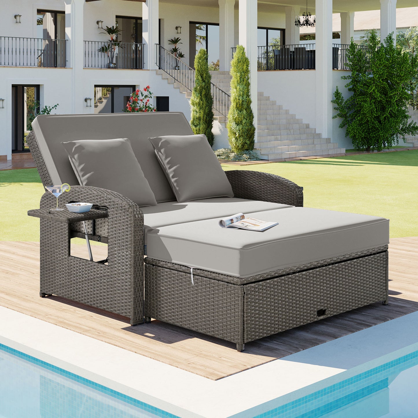 PE Wicker Rattan Double Chaise Lounge, 2-Person Reclining Daybed with Adjustable Back and Cushions, Free Furniture Prote