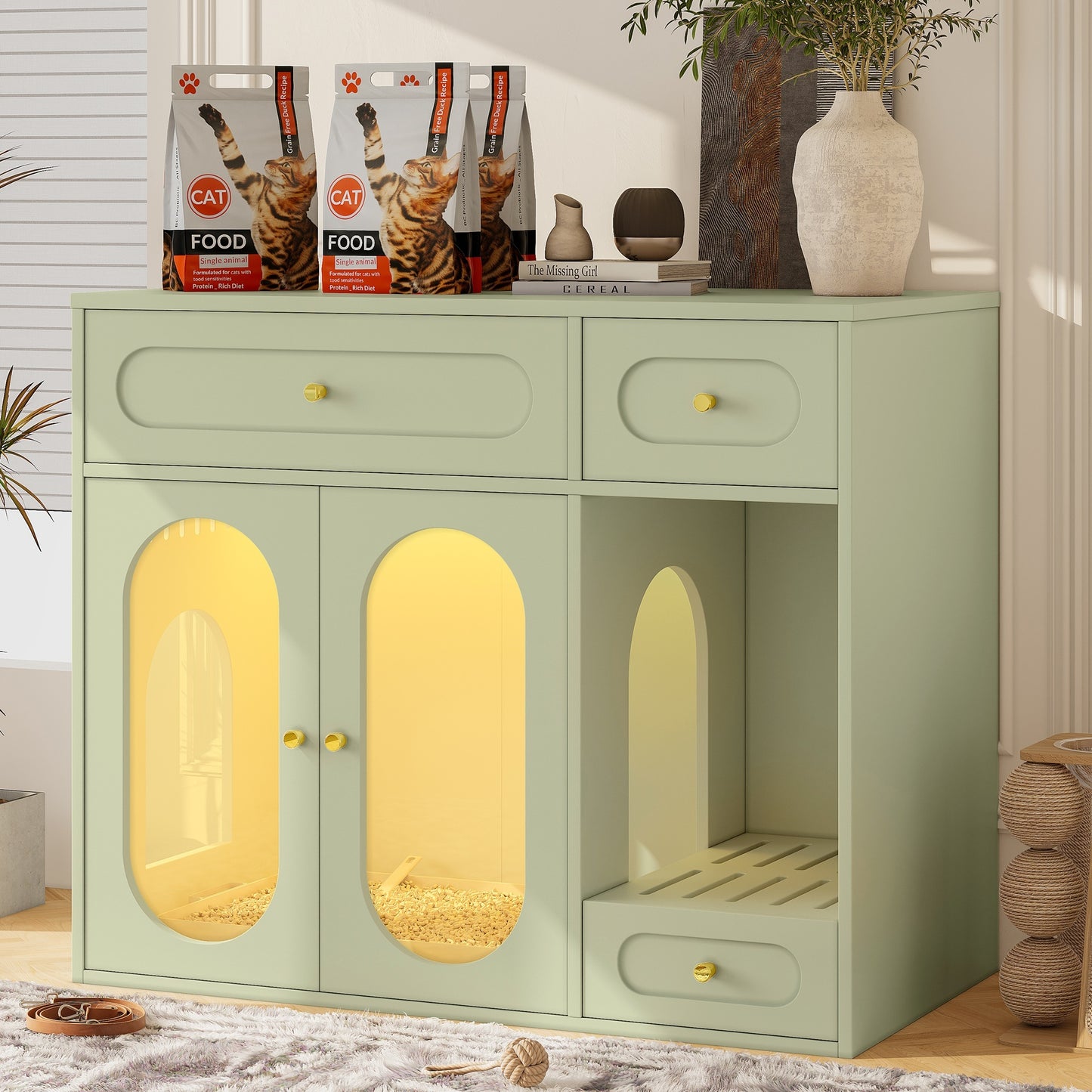 Hidden Cat Litter Box Enclosure with LED Light – Modern Pet Furniture Cabinet with Storage Drawers