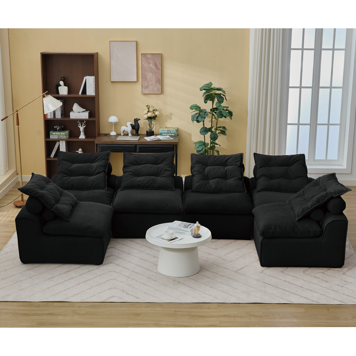Modular Sofa,No Armrests,At will DIY,Corduroy ,Neck Pillow-Back Lounge Sofa Chair,Reading Nook, or Apartment Living, Lumbar Pillow,6 Seats,Upholstered,Black